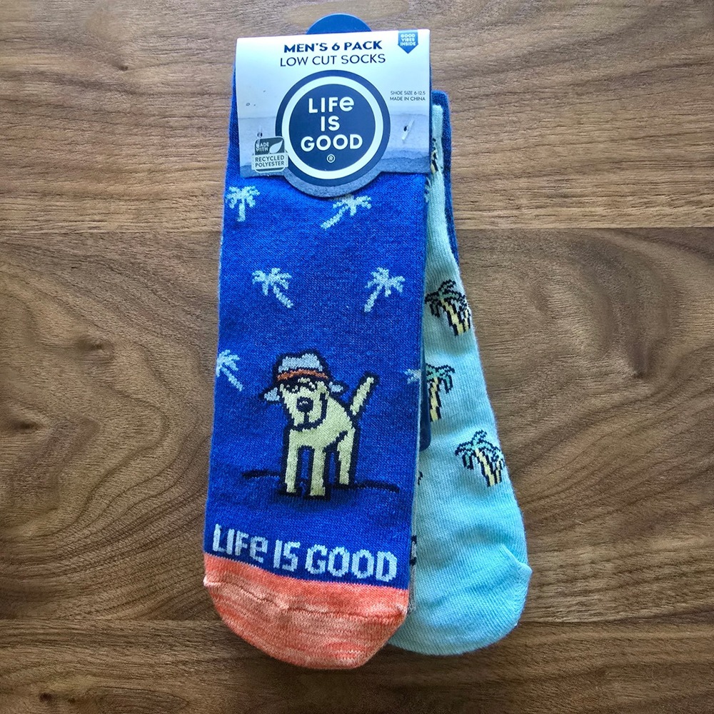 Life Is Good Socks Men 6-12.5 Blue Orange 6 Pack Low Cut Beach Tropical Dog NEW